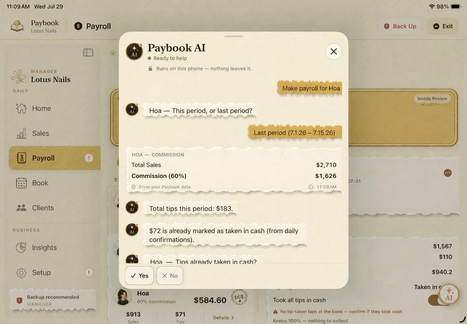 A payroll answer in the app — actual Suminbook app capture in English.