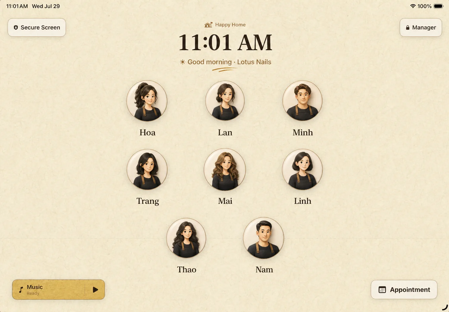 Actual Suminbook iPad staff home screen with staff avatars and the Appointment button.